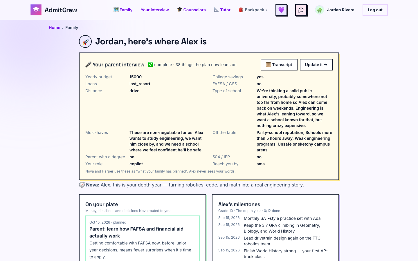 A parent's Family page