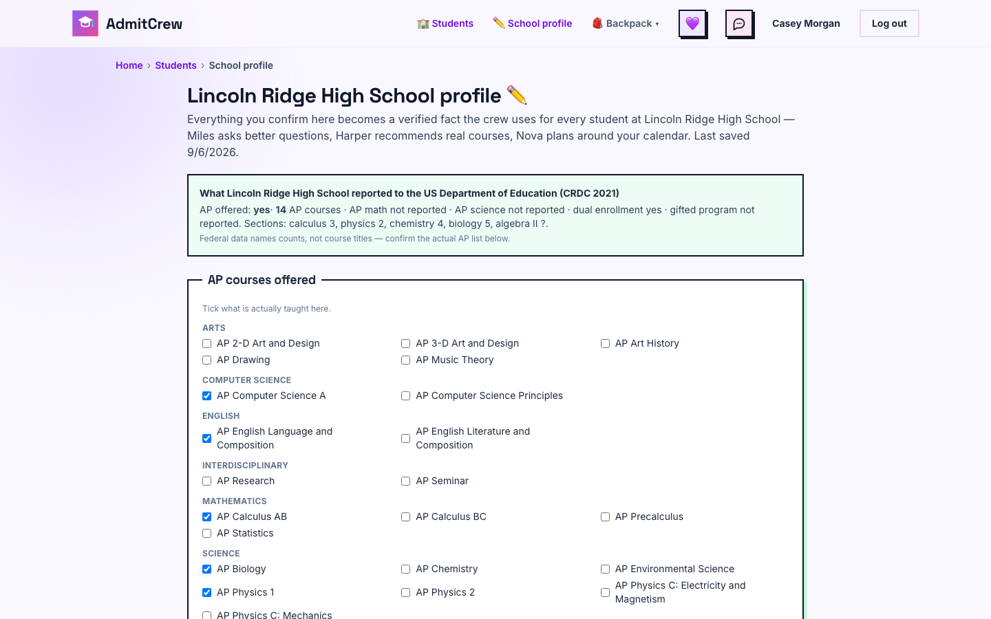 The school profile form